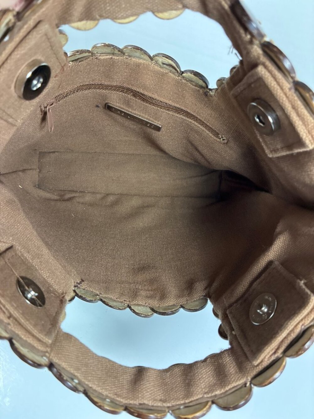 Vintage The Limited Coconut Shell Disc Purse Handbag Brown Boho 10" x 10" - Picture 5 of 10